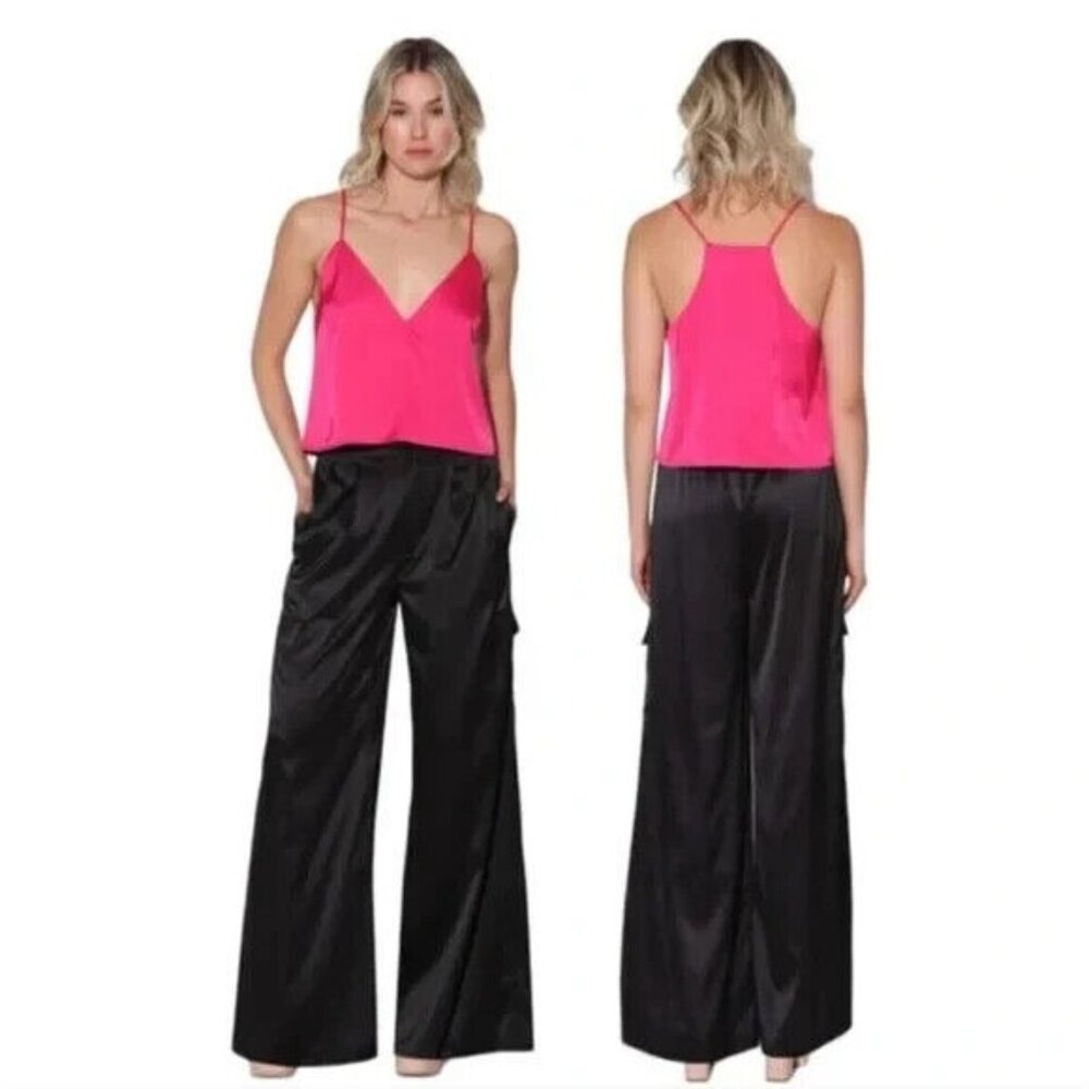 Walter Baker Womens Denver Pant Wide Leg Cargo Pocket Pleated Satin Black‎ Large